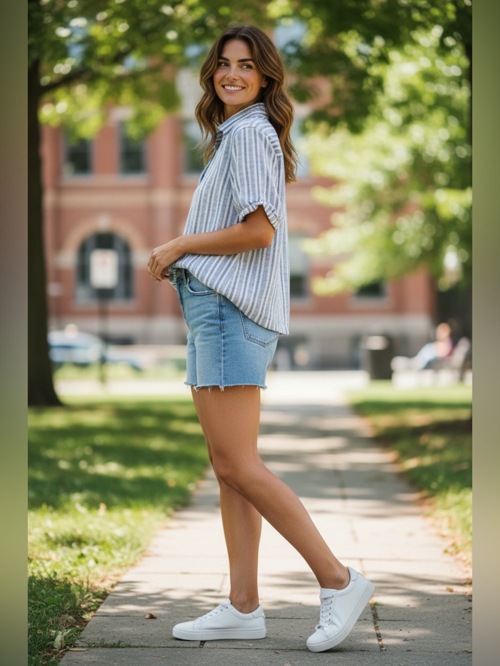 Striped V-Neck Shirt in Blue and White - Women's Top